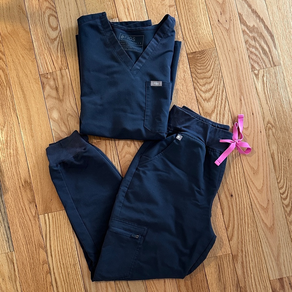 Figs Navy Medical Scrub Top and Jogger Pants with Pink Drawstring